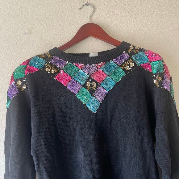 Vintage 80s rainbow mermaid scale style beaded sweater size large - Picture 3 of 6